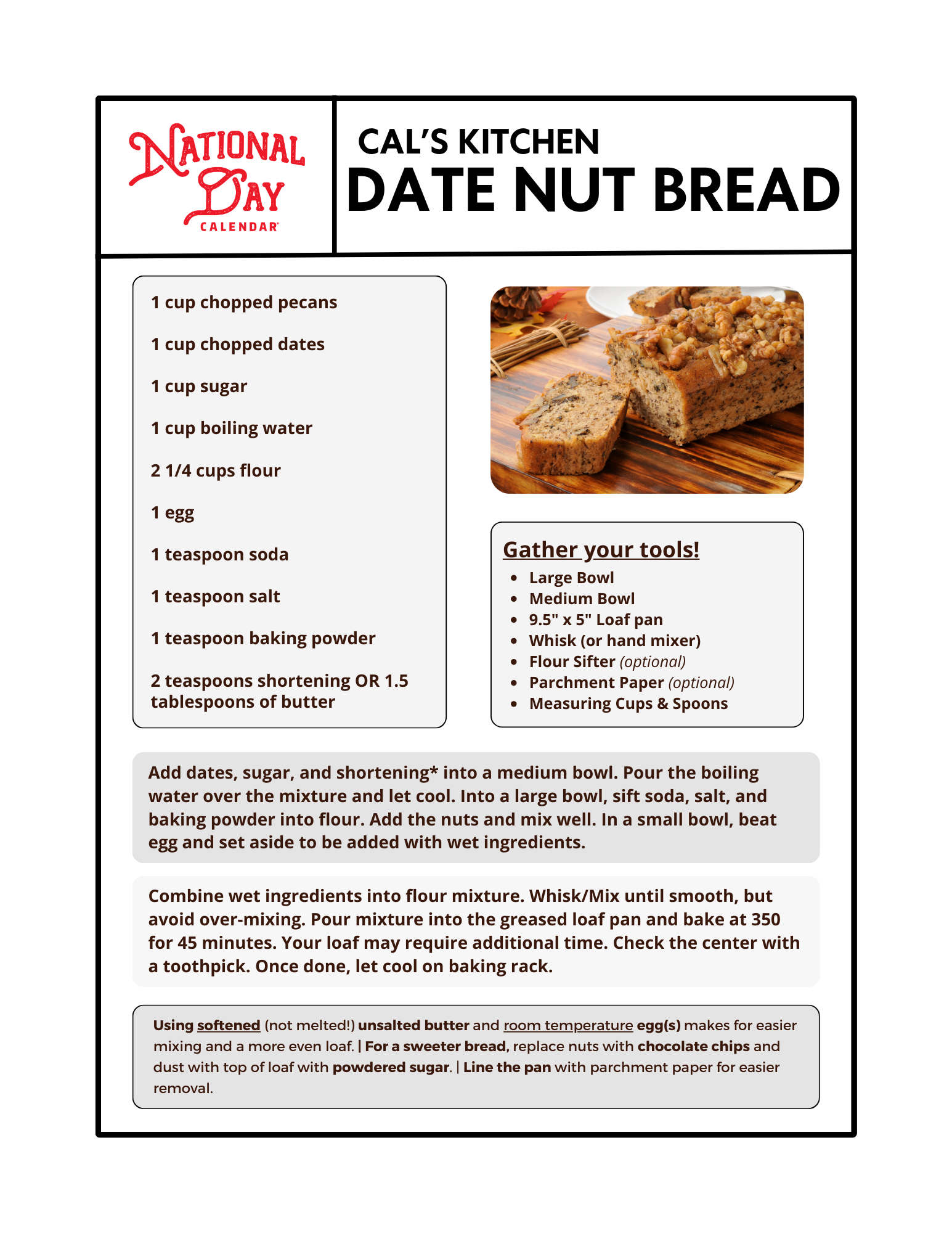 Date Nut Bread Recipe Card